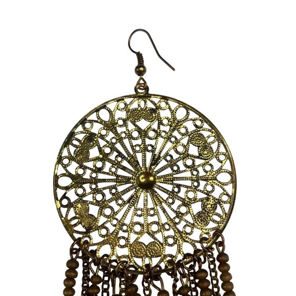 Vintage Gold Filigree Dreamcatcher Dangle Earrings With Bead & Chain Fringe A250 - Picture 11 of 12